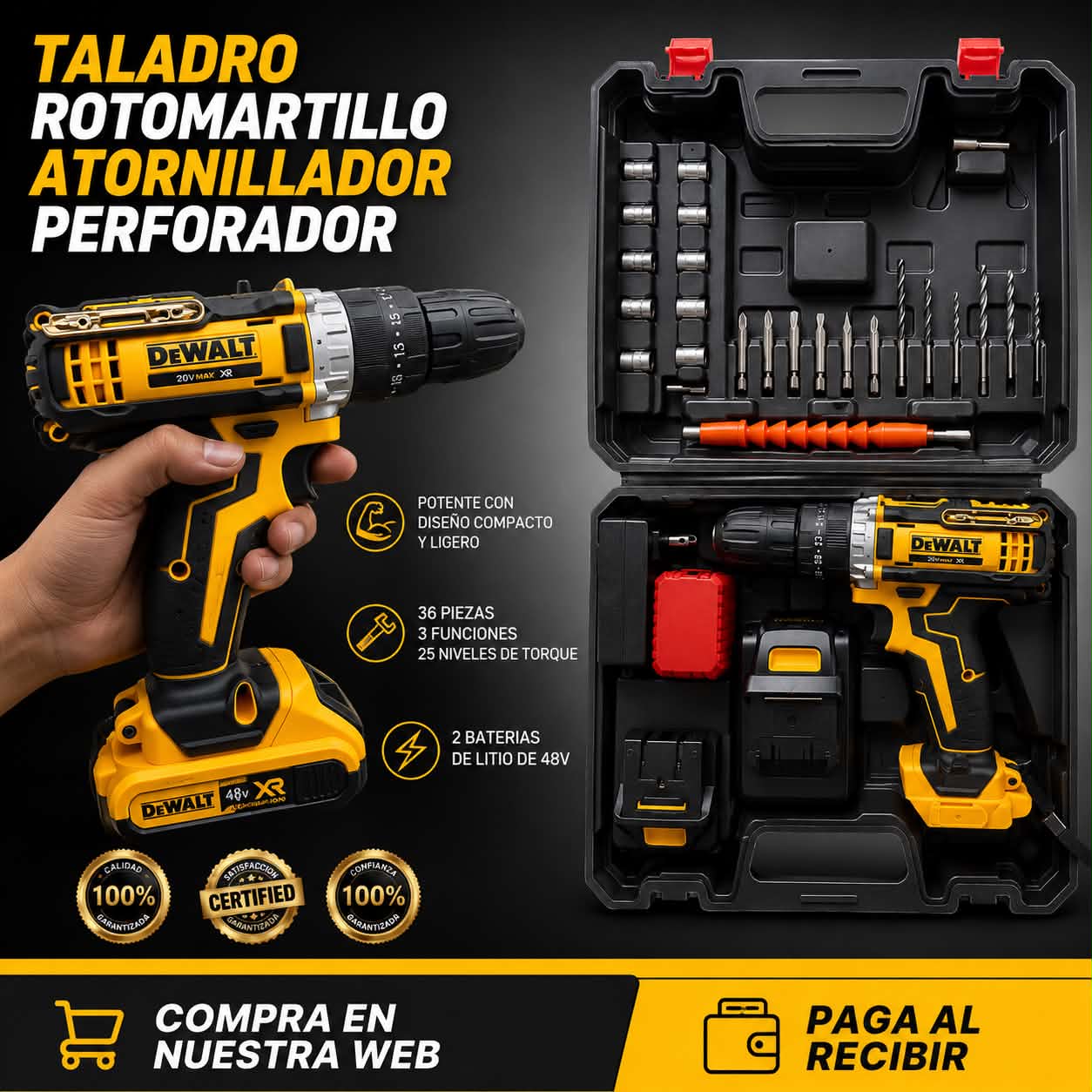 KIT TALADRO DEWALT ROTOMARTILLO 2 Baterías 48V (36pcs)
