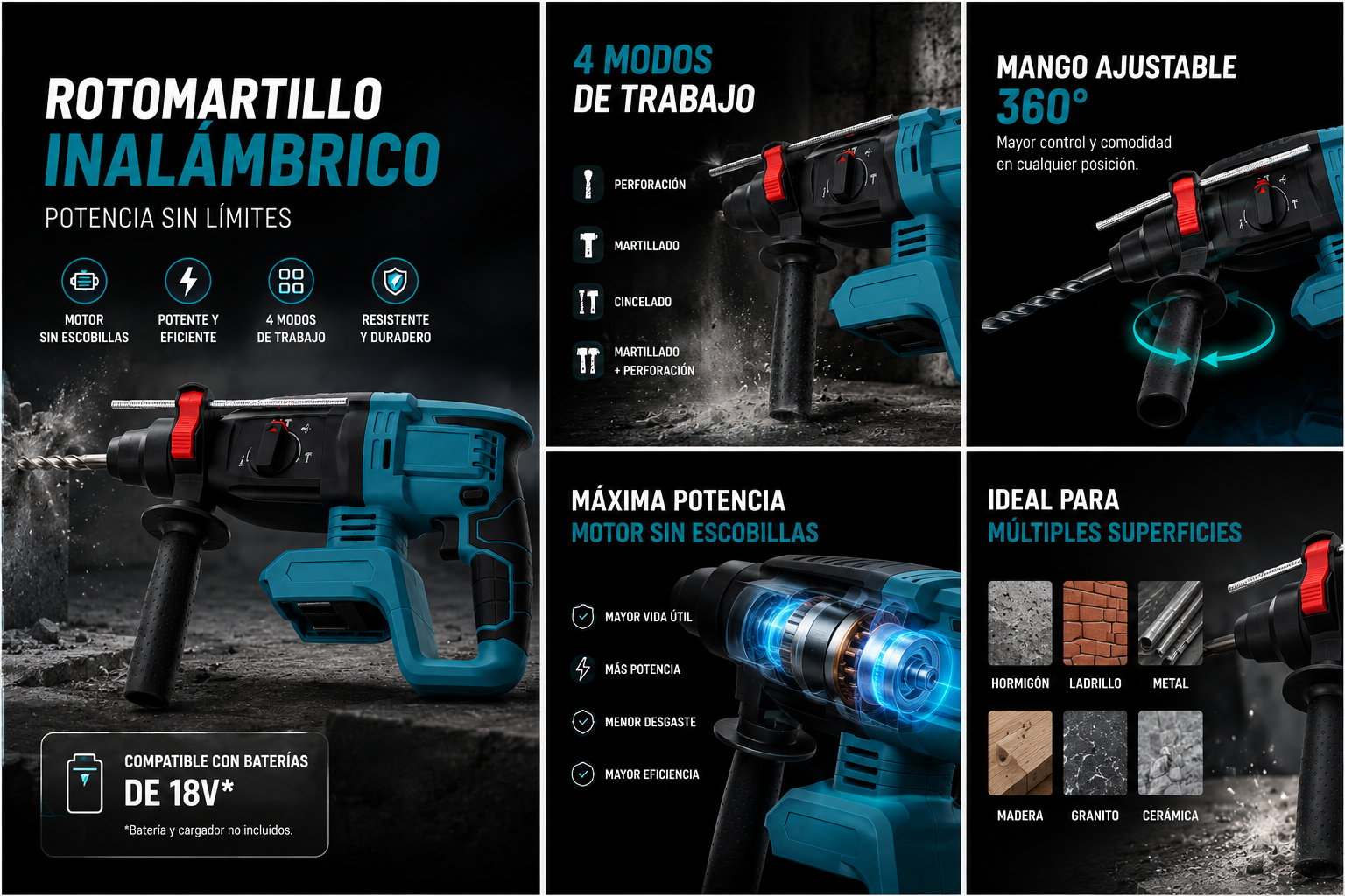 TALADRO TIPO MAKITA Percutor (Demoledor) Recargable Inalambrico