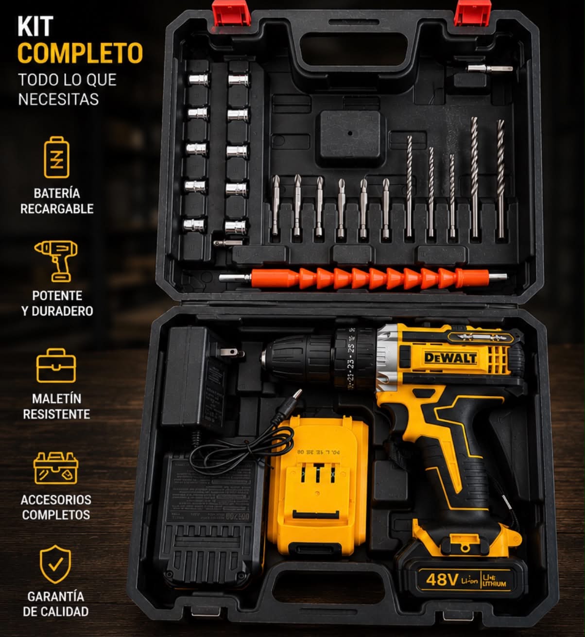KIT TALADRO DEWALT ROTOMARTILLO 2 Baterías 48V (36pcs)