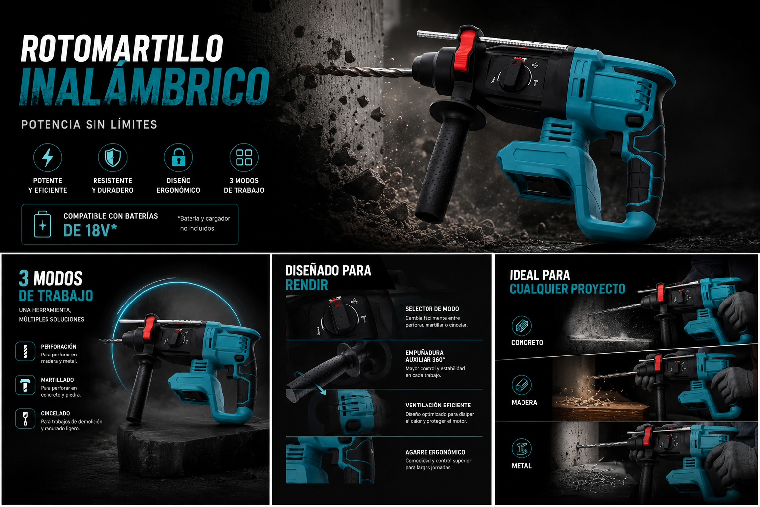 TALADRO TIPO MAKITA Percutor (Demoledor) Recargable Inalambrico